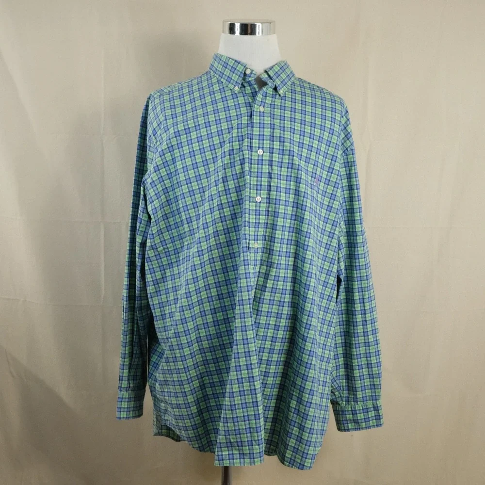 Ralph Lauren 3XB Big Button Down Shirt Green Blue Plaid Cotton Stretch Mens